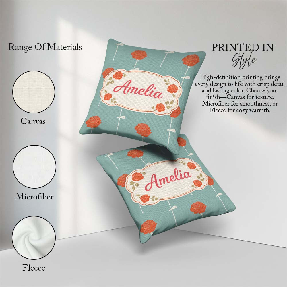 Custom Name Red Rose Minimal Pattern Blue Elegant Design Lovely Square Filled Cushion Throw Pillow Sofa Bed Home Decor Zip Washable UK Made