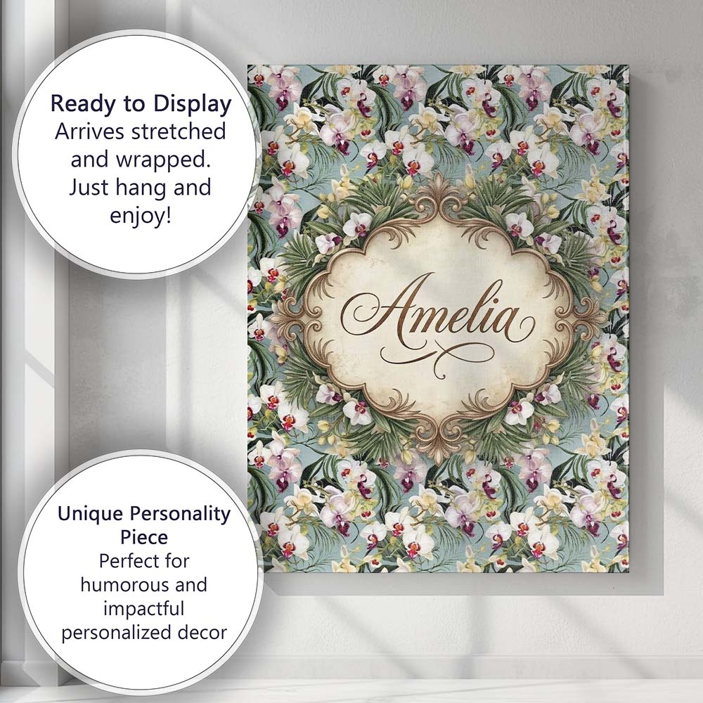 Personalised Name Tropical Orchid Floral Custom  Unique Gift Idea Elegant Feature Canvas Wall Art Print Decor Picture Ready to Hang