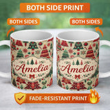 Personalized Custom Name Vintage Christmas Trees Ornaments Red Green Holiday Seamless Pattern 11oz Ceramic Coffee Tea Mug White Large Handle