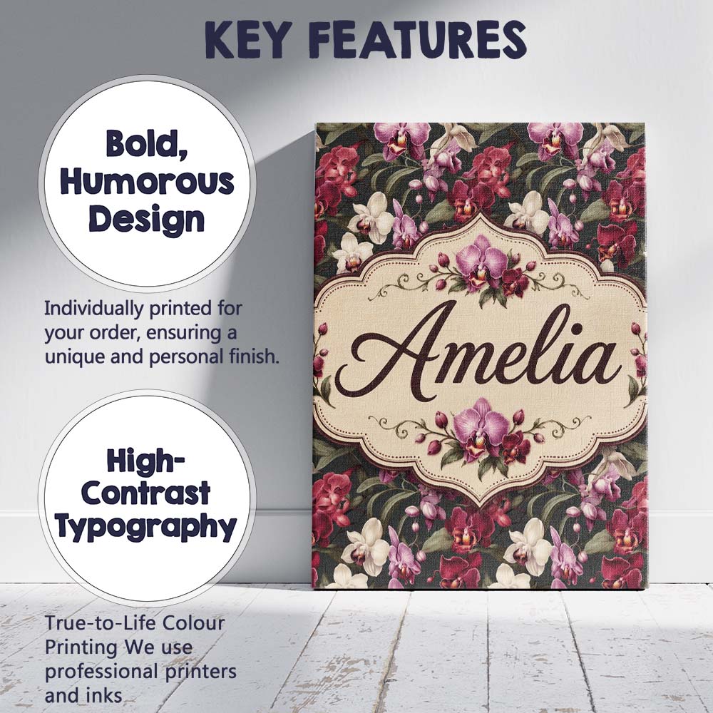 Personalised Name Deep Red and Blush Orchid Custom  Bespoke Interior Contemporary Canvas Wall Art Print Decor Picture Ready to Hang