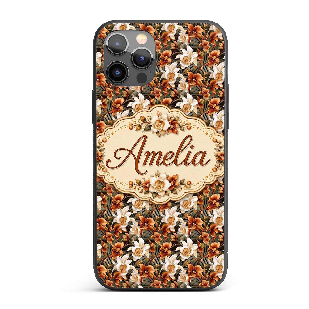 Bold Cream and Orange Orchid Floral with Lush Custom Name Protective Phone Case Mobile Cover Durable Everyday Smartphone Shock Resistant