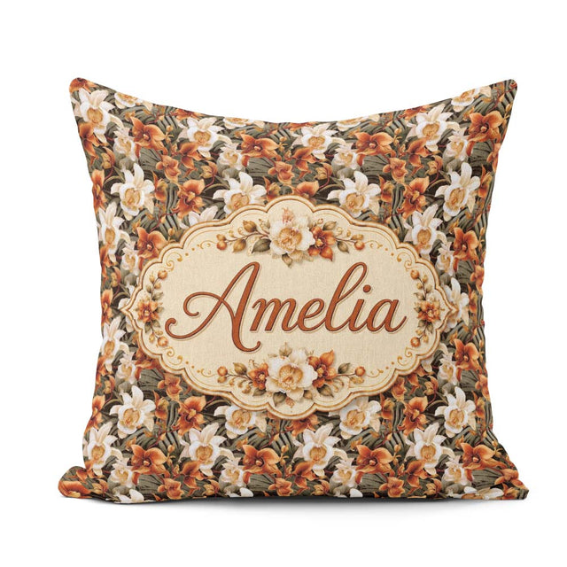 Custom Name Bold Cream Orange Orchid Floral with Lush Foliage on Square Filled Cushion Throw Pillow Sofa Bed Home Decor Zip Washable UK Made