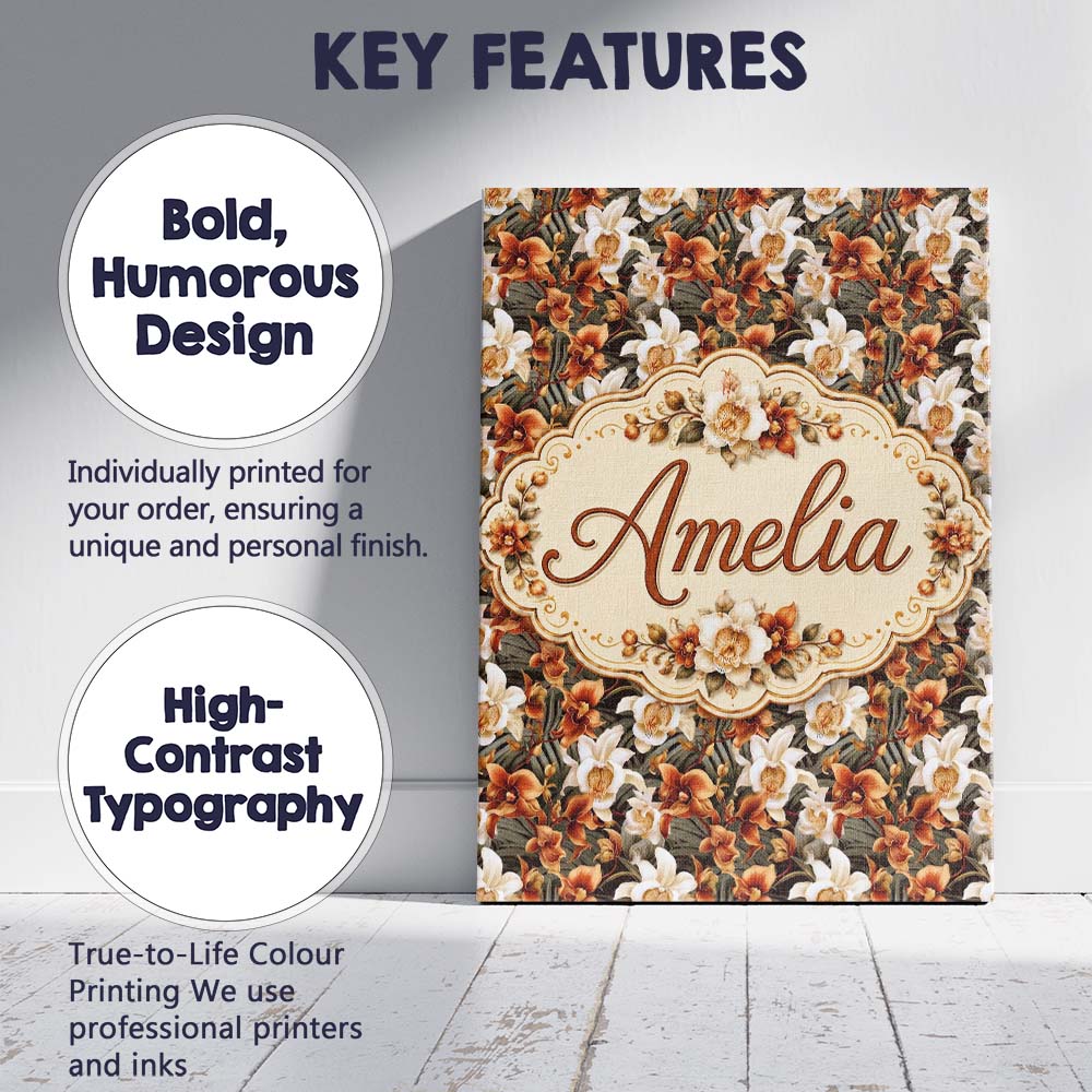 Personalised Name Bold Cream and Orange Custom  Modern Room Accent Elegant Feature Canvas Wall Art Print Decor Picture Ready to Hang