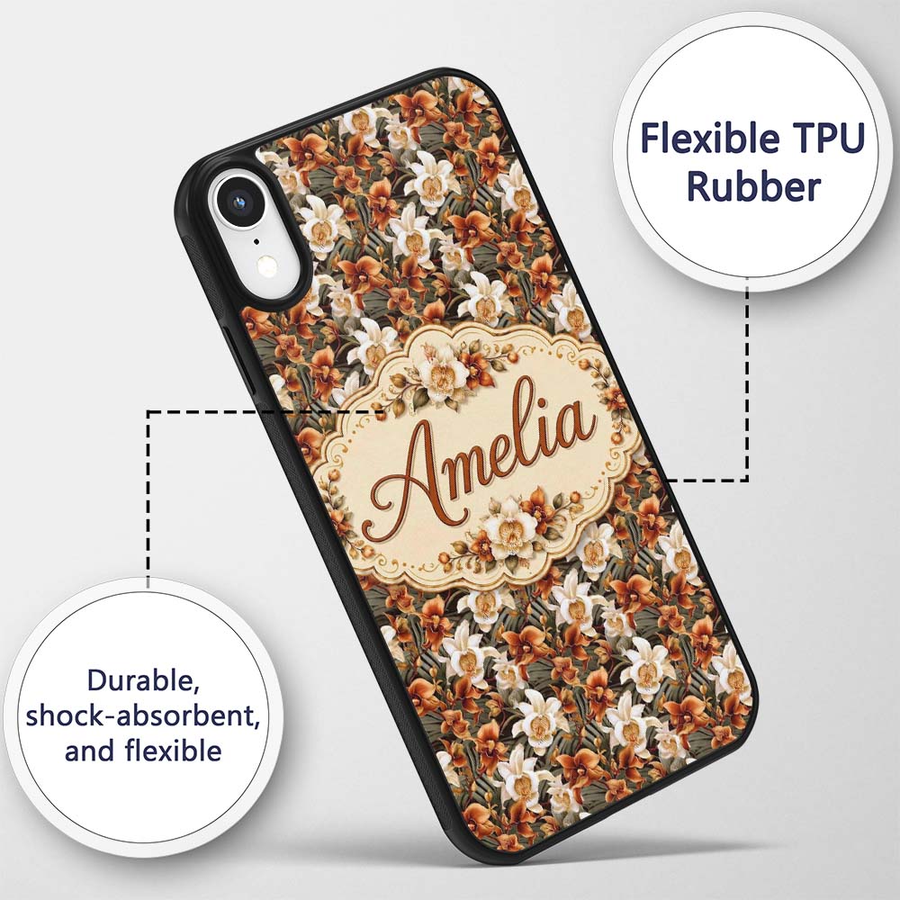 Bold Cream and Orange Orchid Floral with Lush Custom Name Protective Phone Case Mobile Cover Durable Everyday Smartphone Shock Resistant
