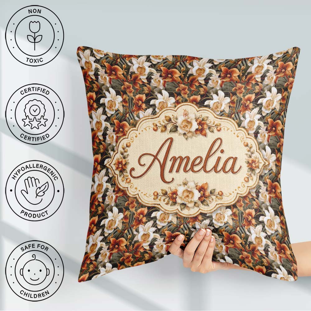 Custom Name Bold Cream Orange Orchid Floral with Lush Foliage on Square Filled Cushion Throw Pillow Sofa Bed Home Decor Zip Washable UK Made