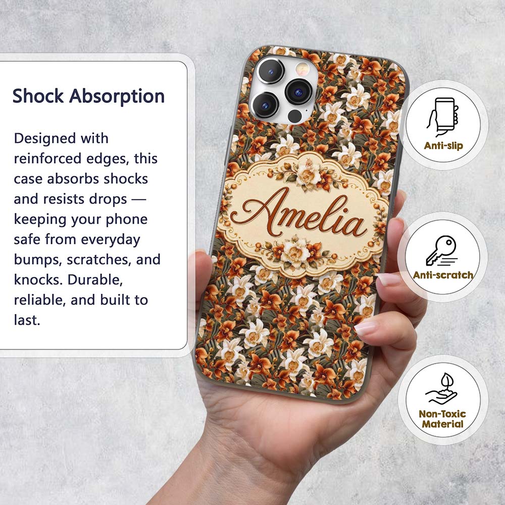 Bold Cream and Orange Orchid Floral with Lush Custom Name Protective Phone Case Mobile Cover Durable Everyday Smartphone Shock Resistant