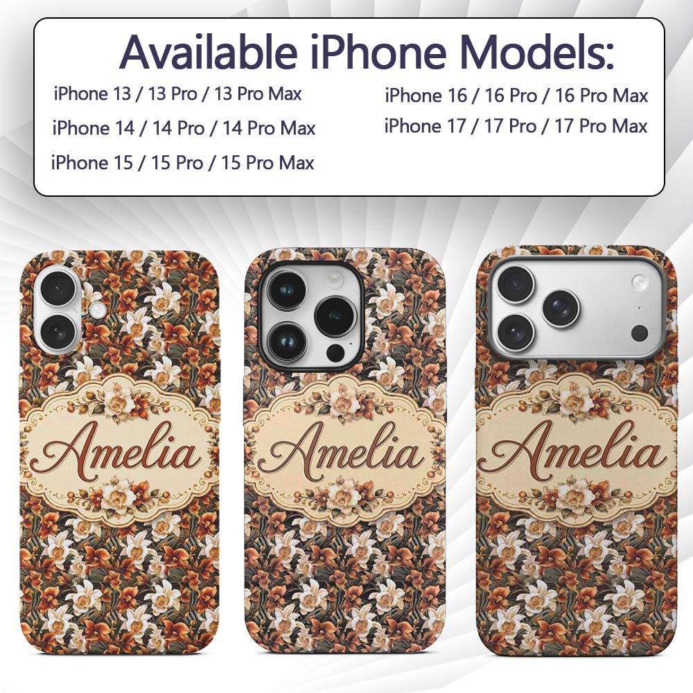 Bold Cream and Orange Orchid Floral with Lush Custom Name Protective Phone Case Mobile Cover Durable Everyday Smartphone Shock Resistant