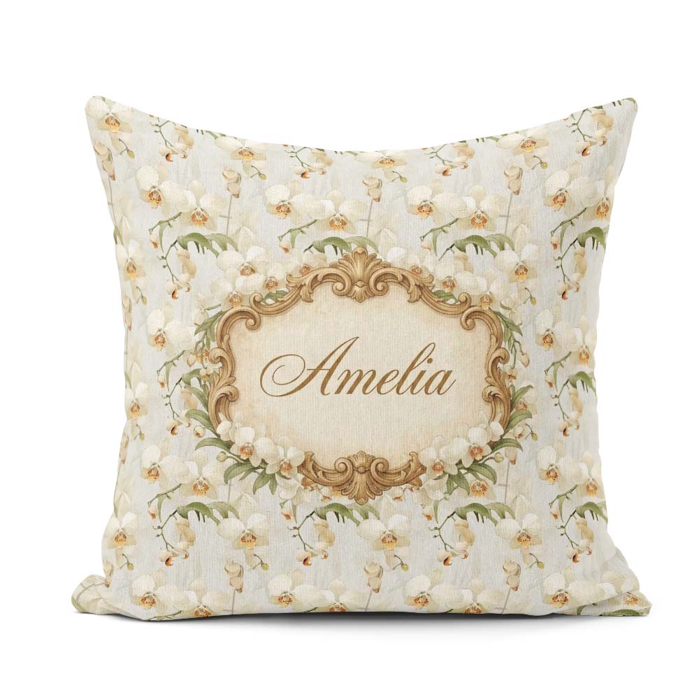 Custom Name Cream Orchid Floral Soft Neutral Background Delicate Square Filled Cushion Throw Pillow Sofa Bed Home Decor Zip Washable UK Made