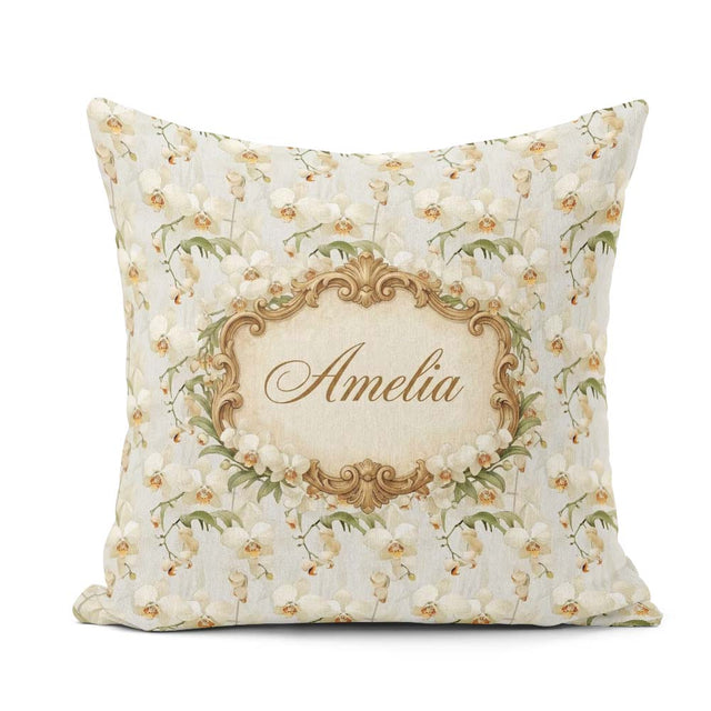 Custom Name Cream Orchid Floral Soft Neutral Background Delicate Square Filled Cushion Throw Pillow Sofa Bed Home Decor Zip Washable UK Made