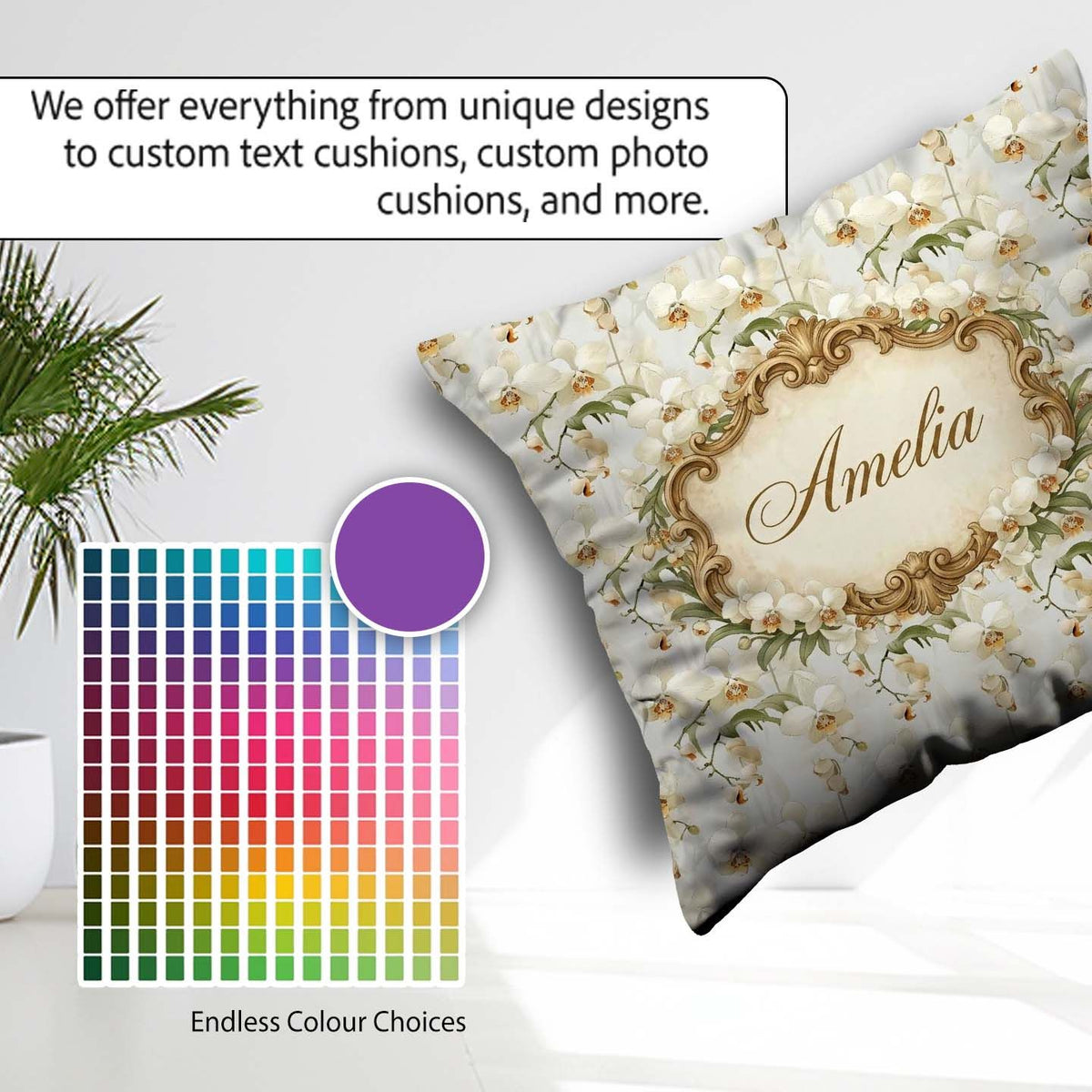 Custom Name Cream Orchid Floral Soft Neutral Background Delicate Square Filled Cushion Throw Pillow Sofa Bed Home Decor Zip Washable UK Made