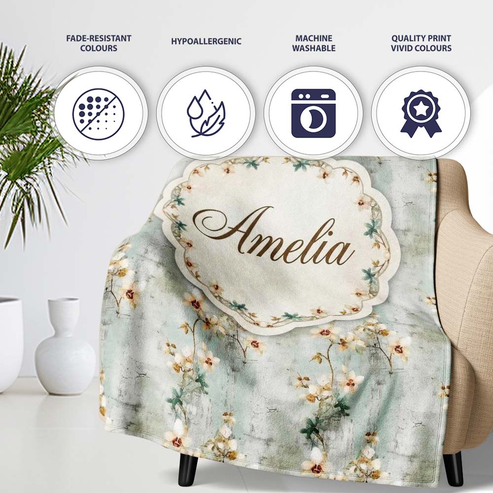 Vintage Orchid Branch Floral Pattern on Textured Blue Distressed  Personalised Custom Name Super Soft Fleece Blanket Bed Sofa Throw
