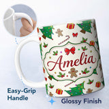 Personalized Custom Name Cute Christmas Tree Gifts Candy Cane Gingerbread Seamless Pattern 11oz Ceramic Coffee Tea Mug White Large Handle