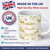Personalized Custom Name Gold Reindeer Snowflake Christmas Pattern Luxury Festive Seamless 11oz Ceramic Coffee Tea Mug White Large Handle