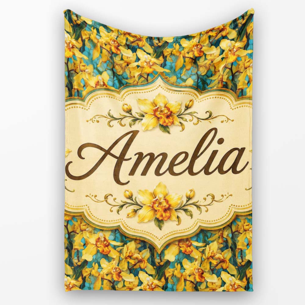 Yellow Orchid Floral with Artistic Painterly Texture on Teal Lovely  Personalised Custom Name Super Soft Fleece Blanket Bed Sofa Throw