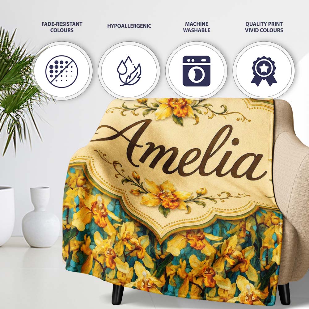 Yellow Orchid Floral with Artistic Painterly Texture on Teal Lovely  Personalised Custom Name Super Soft Fleece Blanket Bed Sofa Throw