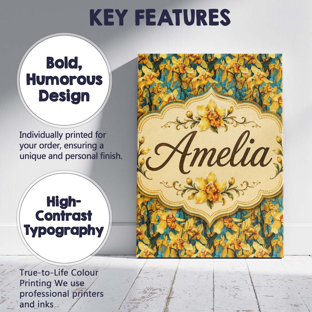Personalised Name Yellow Orchid Floral with Custom  Bespoke Interior Contemporary Canvas Wall Art Print Decor Picture Ready to Hang