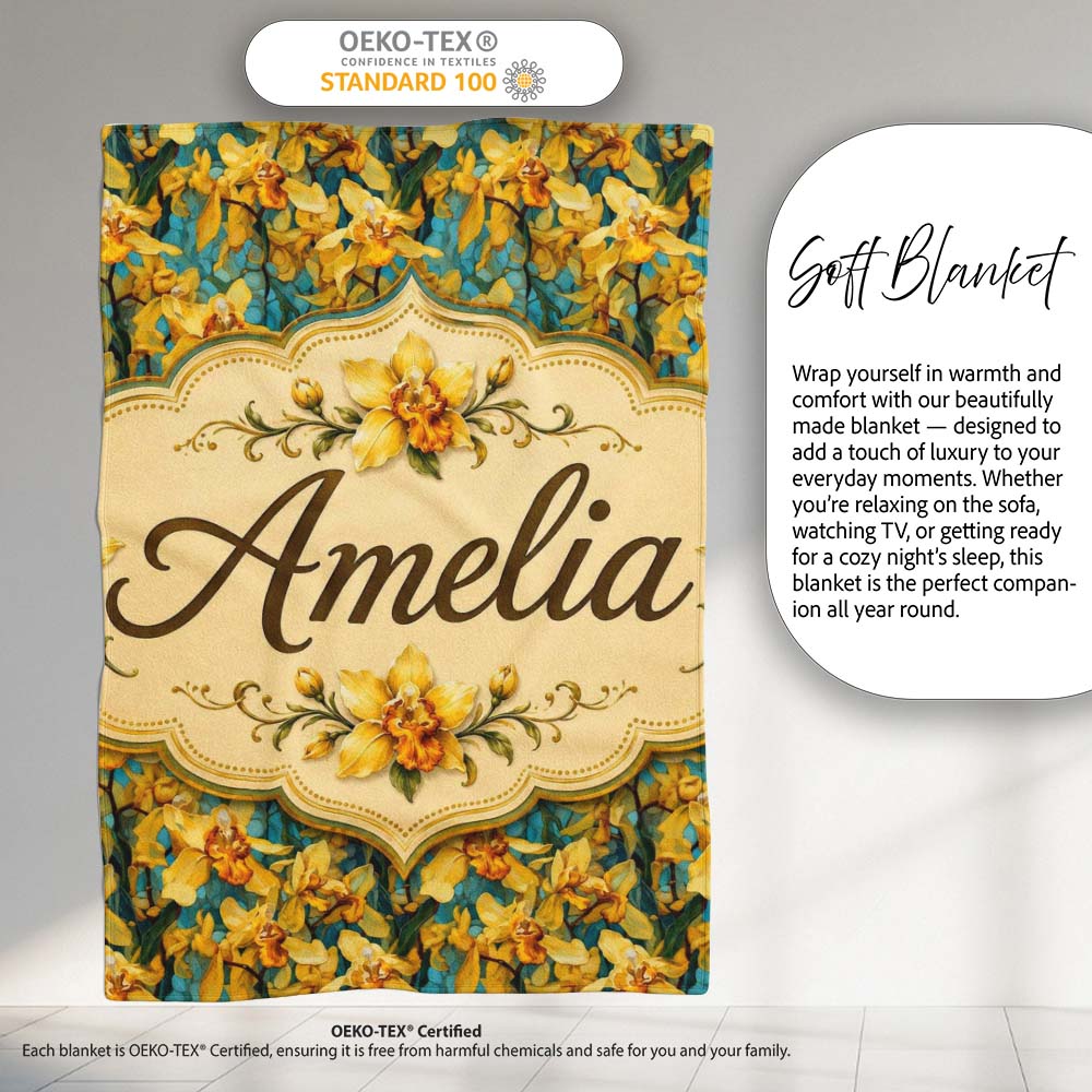 Yellow Orchid Floral with Artistic Painterly Texture on Teal Lovely  Personalised Custom Name Super Soft Fleece Blanket Bed Sofa Throw