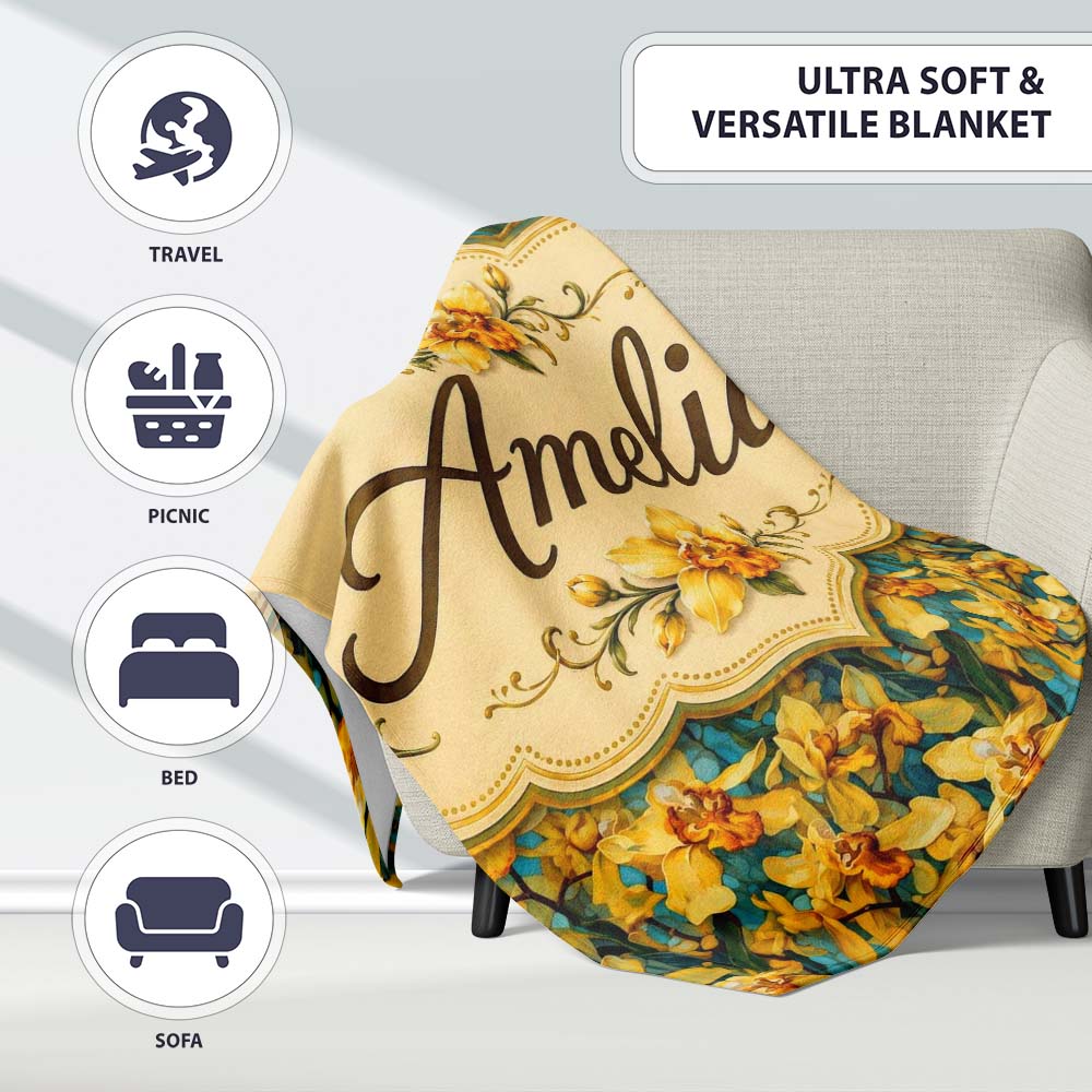 Yellow Orchid Floral with Artistic Painterly Texture on Teal Lovely  Personalised Custom Name Super Soft Fleece Blanket Bed Sofa Throw