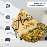 Yellow Orchid Floral with Artistic Painterly Texture on Teal Lovely  Personalised Custom Name Super Soft Fleece Blanket Bed Sofa Throw