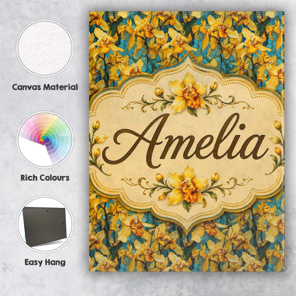 Personalised Name Yellow Orchid Floral with Custom  Bespoke Interior Contemporary Canvas Wall Art Print Decor Picture Ready to Hang