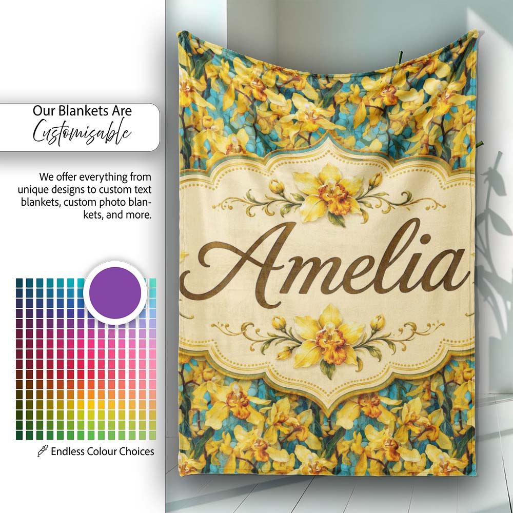 Yellow Orchid Floral with Artistic Painterly Texture on Teal Lovely  Personalised Custom Name Super Soft Fleece Blanket Bed Sofa Throw