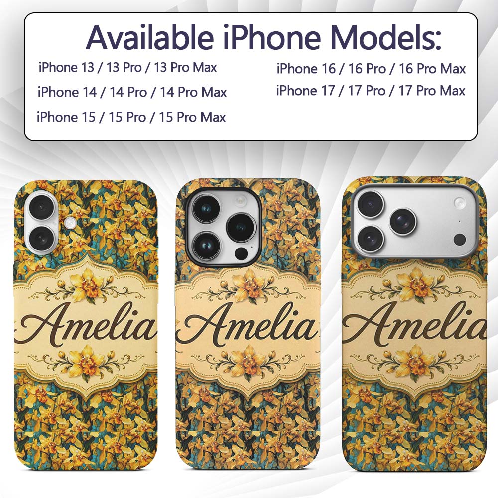 Yellow Orchid Floral with Artistic Painterly Custom Name Protective Phone Case Mobile Cover Durable Everyday Smartphone Shock Resistant