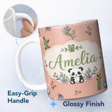 Personalized Custom Name Cute Panda Bamboo and Floral Minimal Seamless Pattern on Peach 11oz Ceramic Coffee Tea Mug White Large Handle