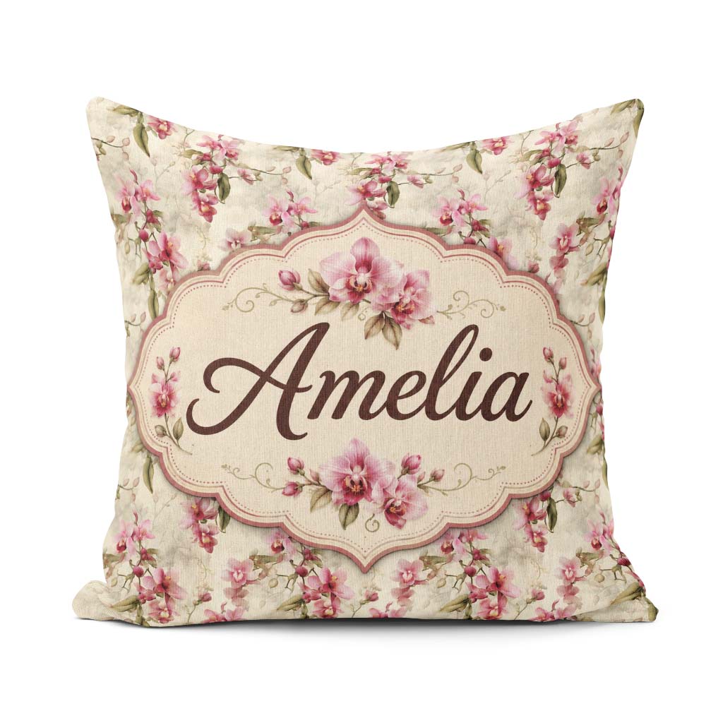 Custom Name Orchid Blossom with Subtle Watercolour on Background Square Filled Cushion Throw Pillow Sofa Bed Home Decor Zip Washable UK Made