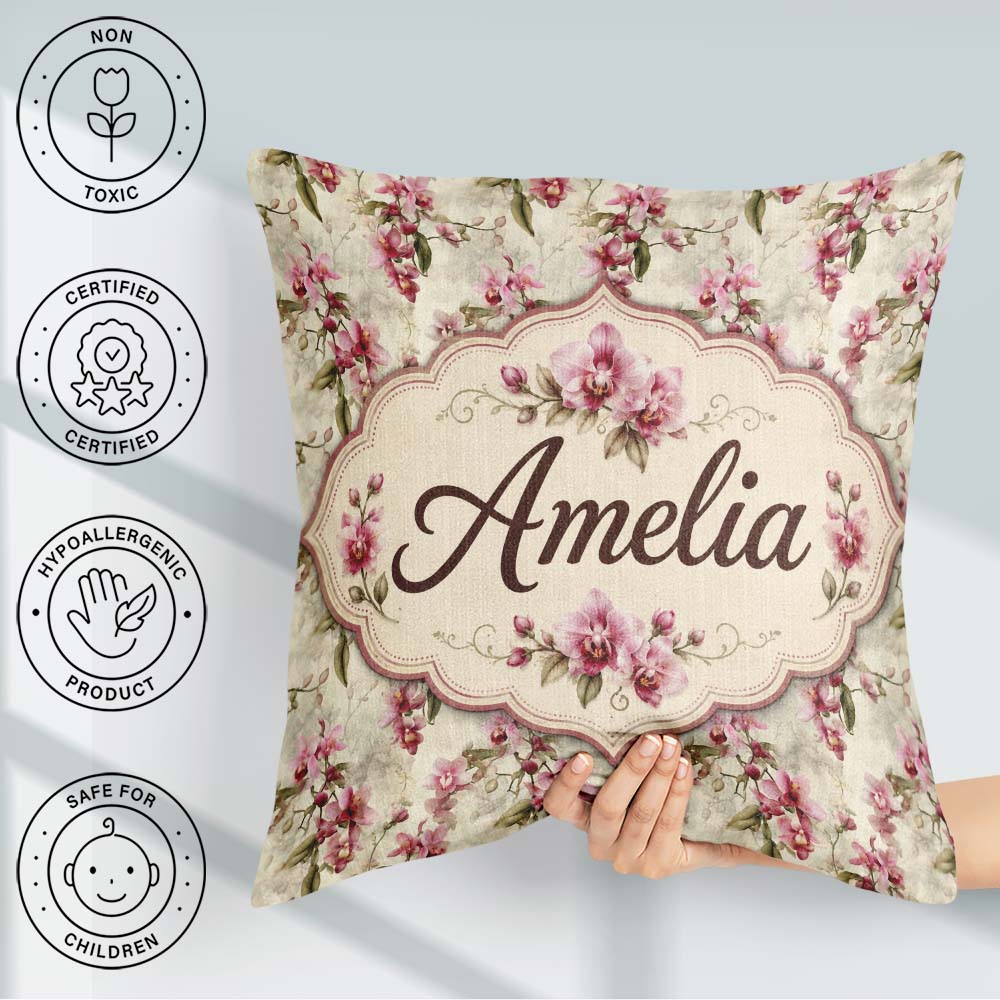 Custom Name Orchid Blossom with Subtle Watercolour on Background Square Filled Cushion Throw Pillow Sofa Bed Home Decor Zip Washable UK Made