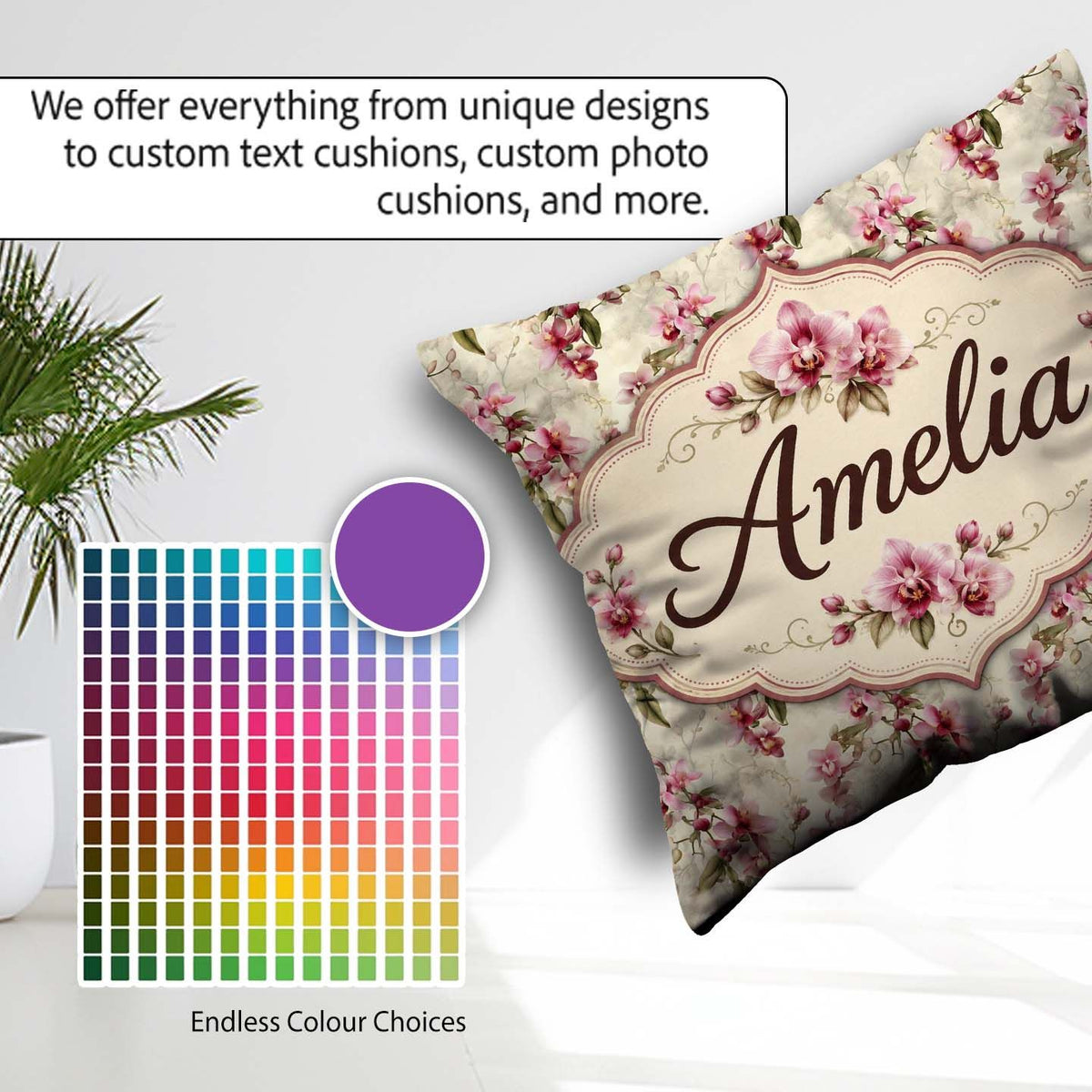 Custom Name Orchid Blossom with Subtle Watercolour on Background Square Filled Cushion Throw Pillow Sofa Bed Home Decor Zip Washable UK Made