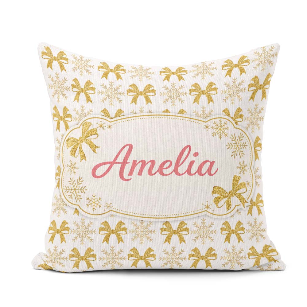 Custom Name Gold Glitter Snowflake and Bow Christmas Pattern Square Filled Cushion Throw Pillow Sofa Bed Home Decor Zip Washable UK Made