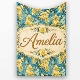 Golden Orchid Bloom on Teal Background Elegant Floral Pattern Lovely  Personalised Custom Name Super Soft Fleece Blanket Bed Sofa Throw