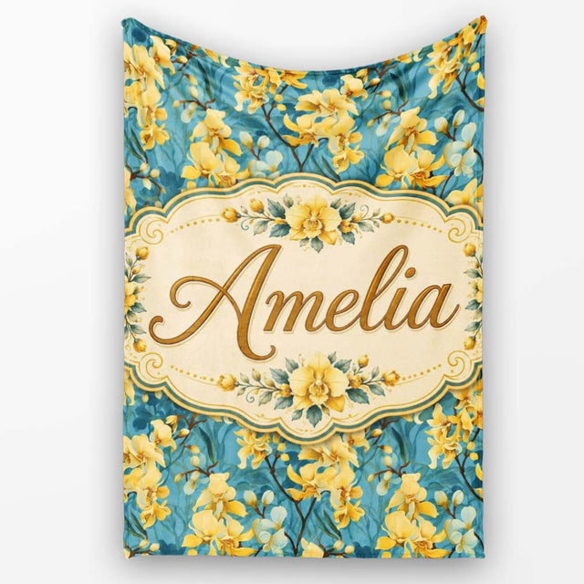 Golden Orchid Bloom on Teal Background Elegant Floral Pattern Lovely  Personalised Custom Name Super Soft Fleece Blanket Bed Sofa Throw