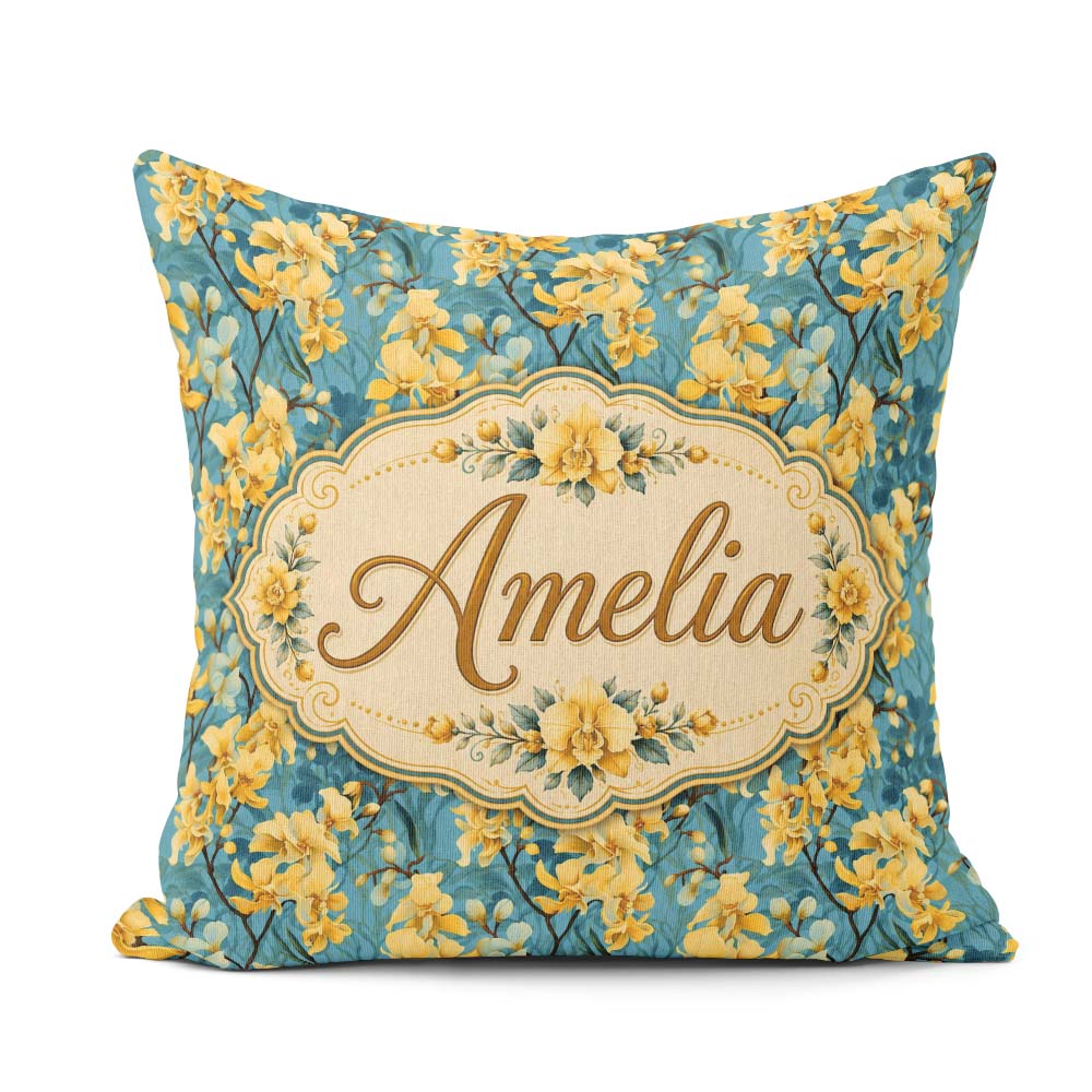 Custom Name Golden Orchid Bloom on Teal Elegant Floral Pattern Square Filled Cushion Throw Pillow Sofa Bed Home Decor Zip Washable UK Made