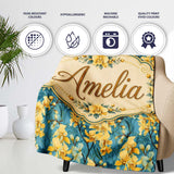 Golden Orchid Bloom on Teal Background Elegant Floral Pattern Lovely  Personalised Custom Name Super Soft Fleece Blanket Bed Sofa Throw