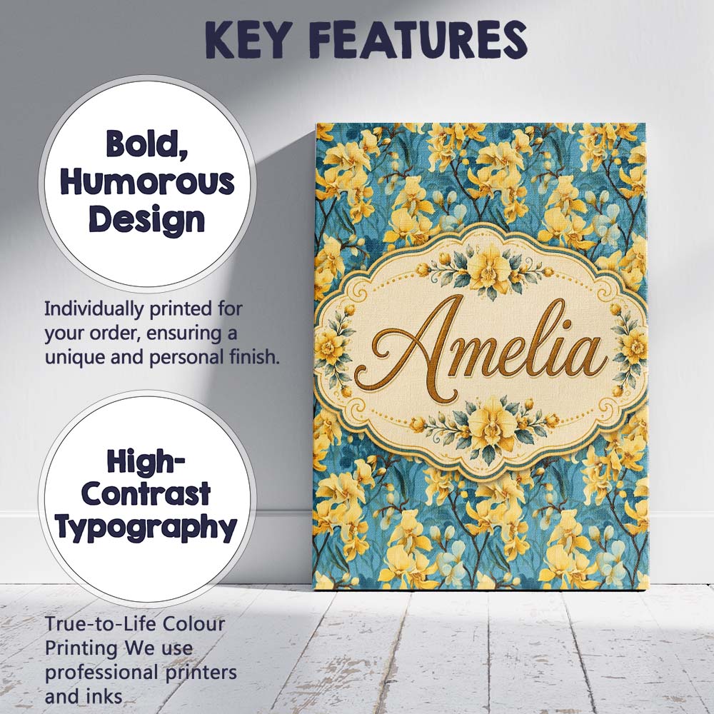 Personalised Name Golden Orchid Bloom on Custom  Unique Gift Idea Elegant Feature Canvas Wall Art Print Decor Picture Ready to Hang
