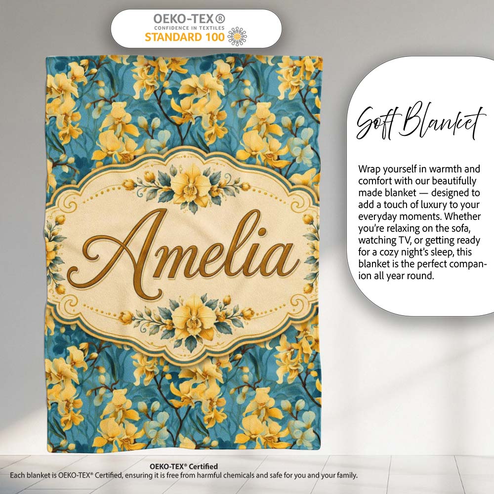 Golden Orchid Bloom on Teal Background Elegant Floral Pattern Lovely  Personalised Custom Name Super Soft Fleece Blanket Bed Sofa Throw