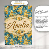 Golden Orchid Bloom on Teal Background Elegant Floral Pattern Lovely  Personalised Custom Name Super Soft Fleece Blanket Bed Sofa Throw