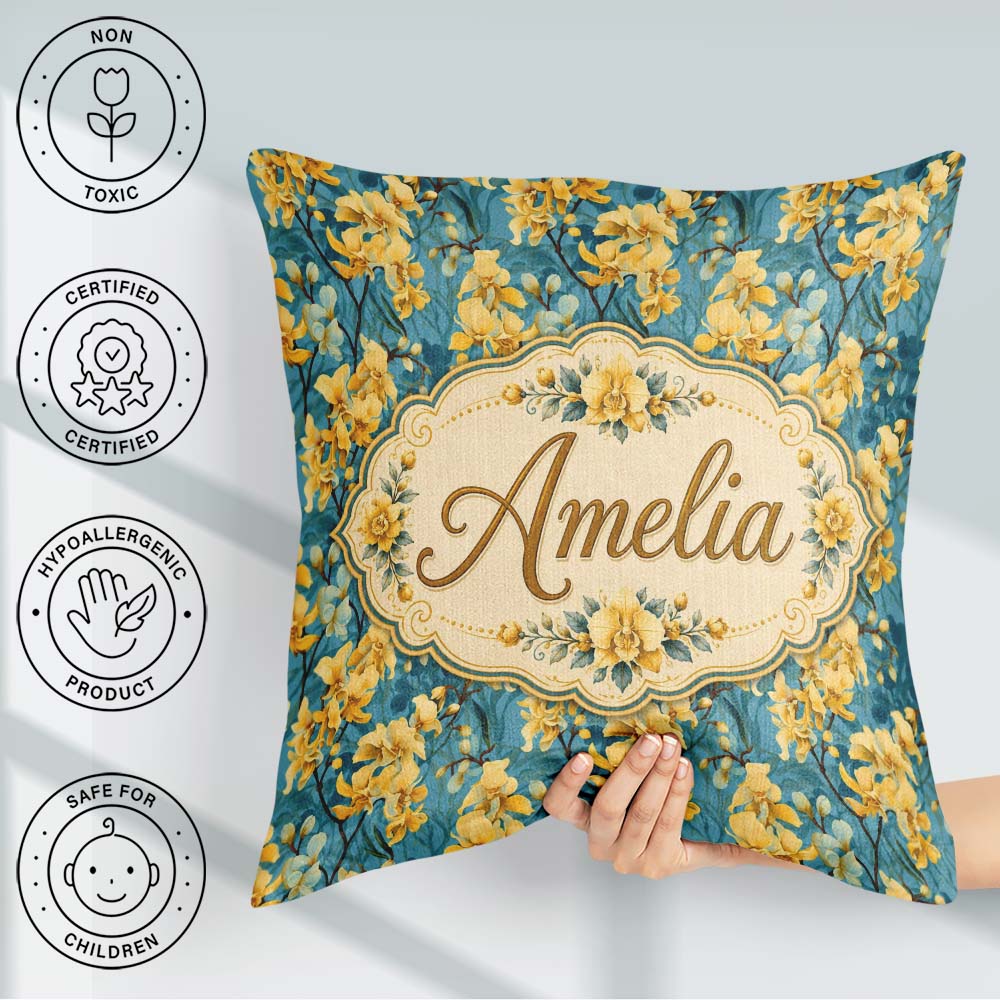 Custom Name Golden Orchid Bloom on Teal Elegant Floral Pattern Square Filled Cushion Throw Pillow Sofa Bed Home Decor Zip Washable UK Made