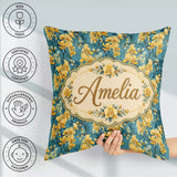 Custom Name Golden Orchid Bloom on Teal Elegant Floral Pattern Square Filled Cushion Throw Pillow Sofa Bed Home Decor Zip Washable UK Made