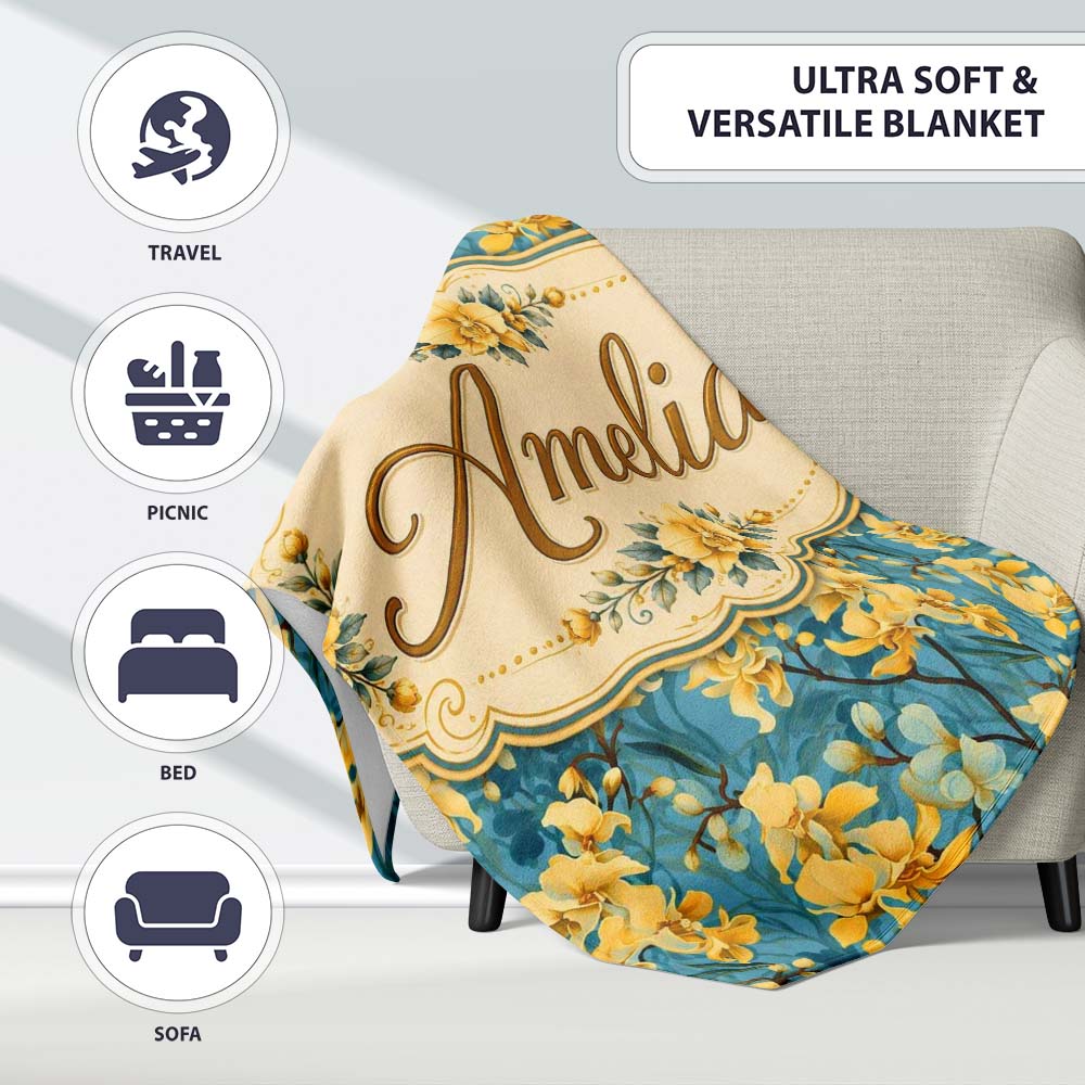 Golden Orchid Bloom on Teal Background Elegant Floral Pattern Lovely  Personalised Custom Name Super Soft Fleece Blanket Bed Sofa Throw