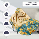 Golden Orchid Bloom on Teal Background Elegant Floral Pattern Lovely  Personalised Custom Name Super Soft Fleece Blanket Bed Sofa Throw
