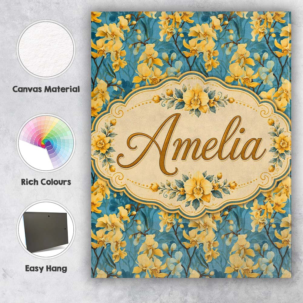 Personalised Name Golden Orchid Bloom on Custom  Unique Gift Idea Elegant Feature Canvas Wall Art Print Decor Picture Ready to Hang