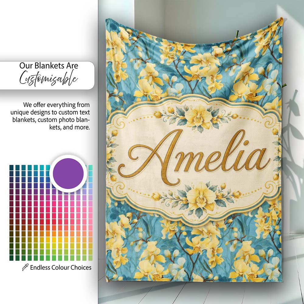 Golden Orchid Bloom on Teal Background Elegant Floral Pattern Lovely  Personalised Custom Name Super Soft Fleece Blanket Bed Sofa Throw