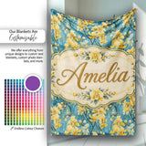 Golden Orchid Bloom on Teal Background Elegant Floral Pattern Lovely  Personalised Custom Name Super Soft Fleece Blanket Bed Sofa Throw