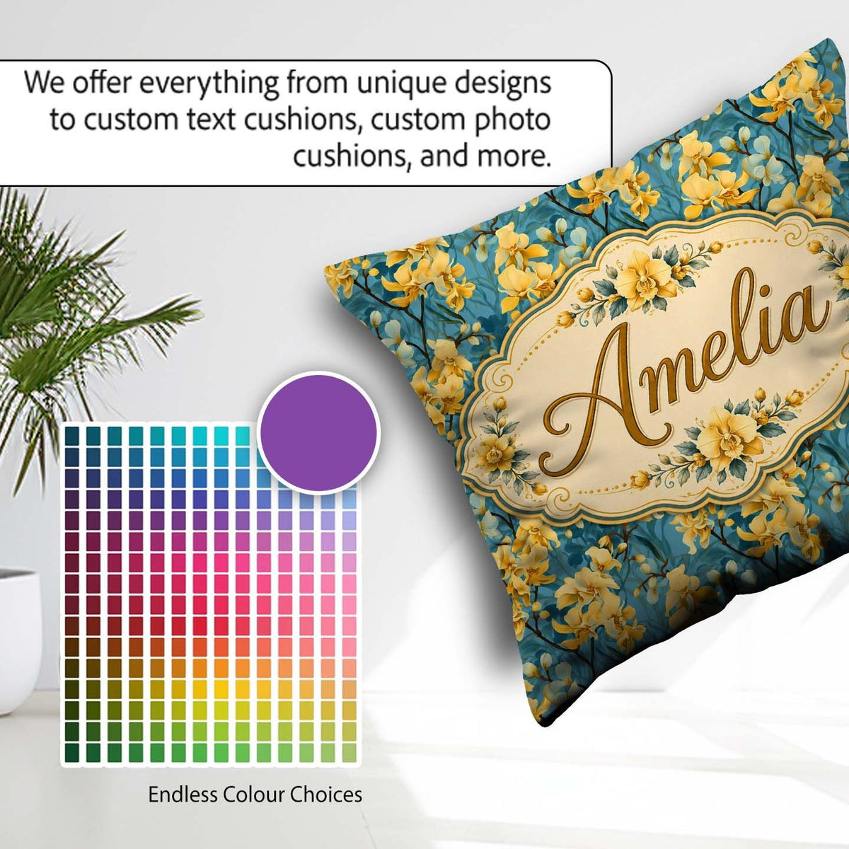 Custom Name Golden Orchid Bloom on Teal Elegant Floral Pattern Square Filled Cushion Throw Pillow Sofa Bed Home Decor Zip Washable UK Made