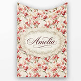 Soft Pink Orchid Blossom on Cream Vintage Background Floral Design  Personalised Custom Name Super Soft Fleece Blanket Bed Sofa Throw