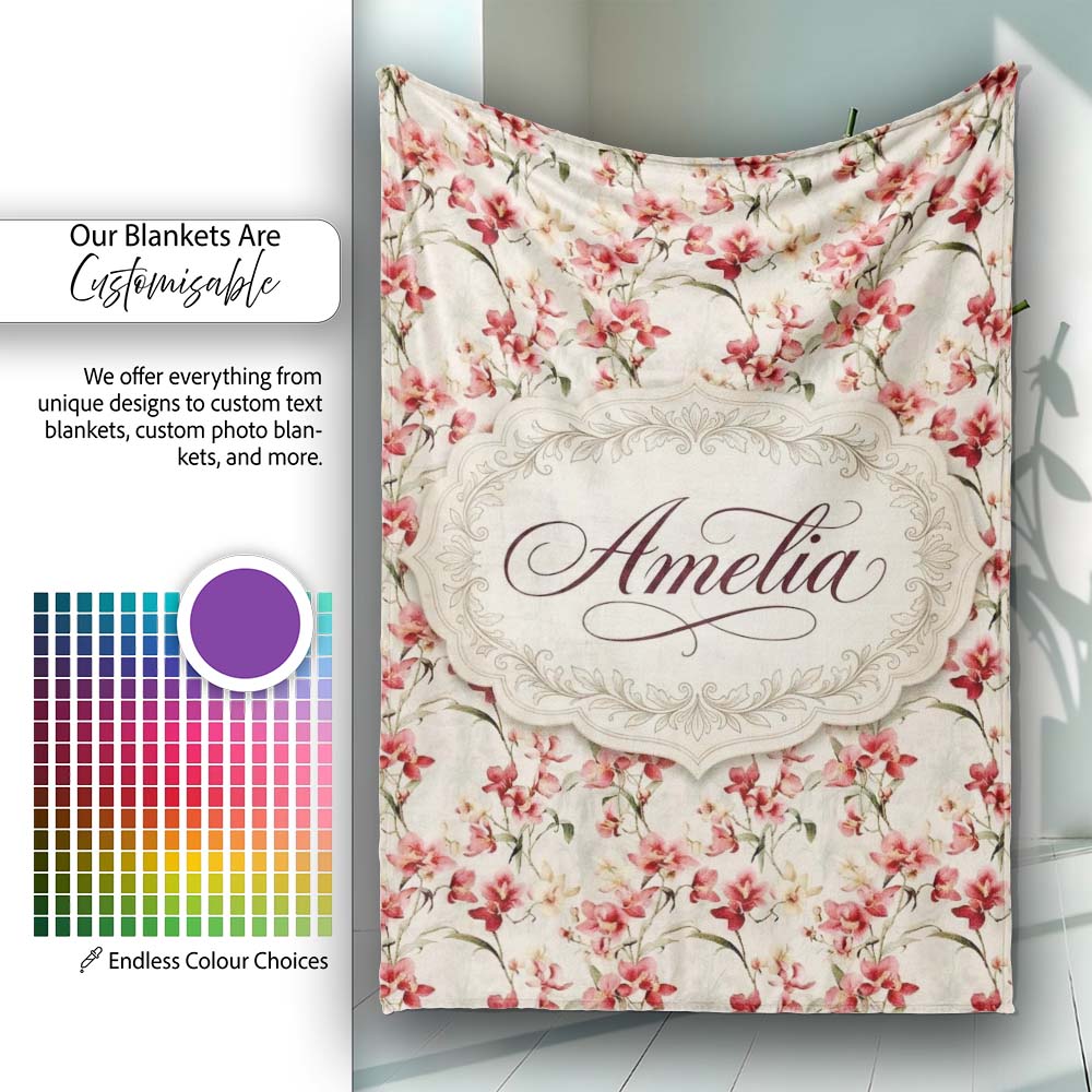 Soft Pink Orchid Blossom on Cream Vintage Background Floral Design  Personalised Custom Name Super Soft Fleece Blanket Bed Sofa Throw