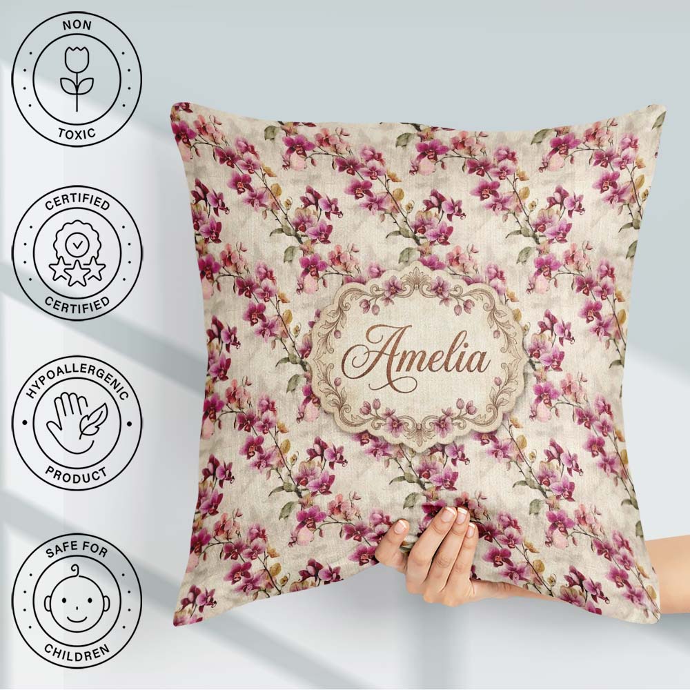 Custom Name Blush Pink Orchid Sprays on Textured Neutral Elegant Square Filled Cushion Throw Pillow Sofa Bed Home Decor Zip Washable UK Made