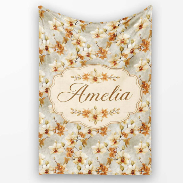 Cream and Amber Orchid Floral Pattern on Soft Neutral Background  Personalised Custom Name Super Soft Fleece Blanket Bed Sofa Throw